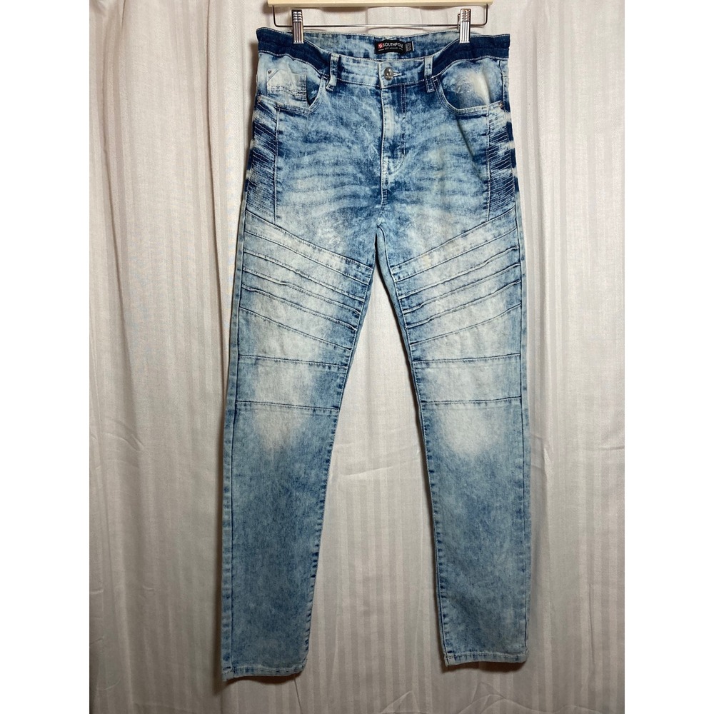 Southpole Mens Skinny Moto Jeans Acid Wash Blue Pleated Denim 32x31 Streetwear